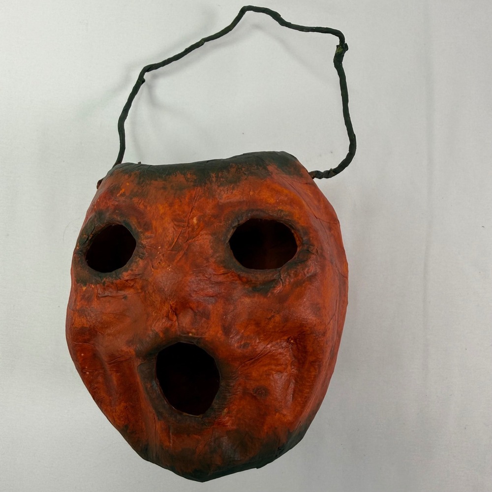 Vintage Style Paper Mache Pumpkin Jack O Lantern Halloween Bucket Folk Art 5.5in